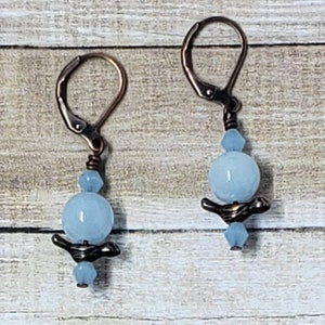 Handmade Ice Blue Quartz with antique copper bird spacers and hypoallergenic lever back earring hoops