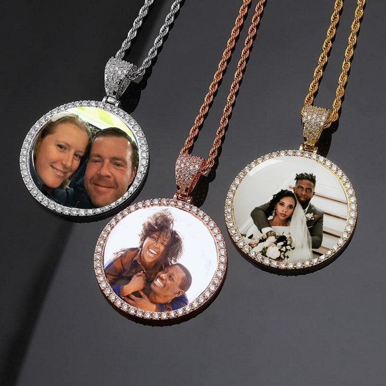 Custom Made Photo Circle Necklace & Pendant with choice of Chains, Hip Hop Round Necklace, Iced Out Cubic Zircon, Jewelry Gift for him/her 