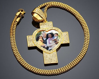 Custom Made Photo HEART CROSS Necklace & Pendant with choice of Chains, Hip Hop Round Necklace, Iced Out Cubic Zircon, Jewelry Gift.