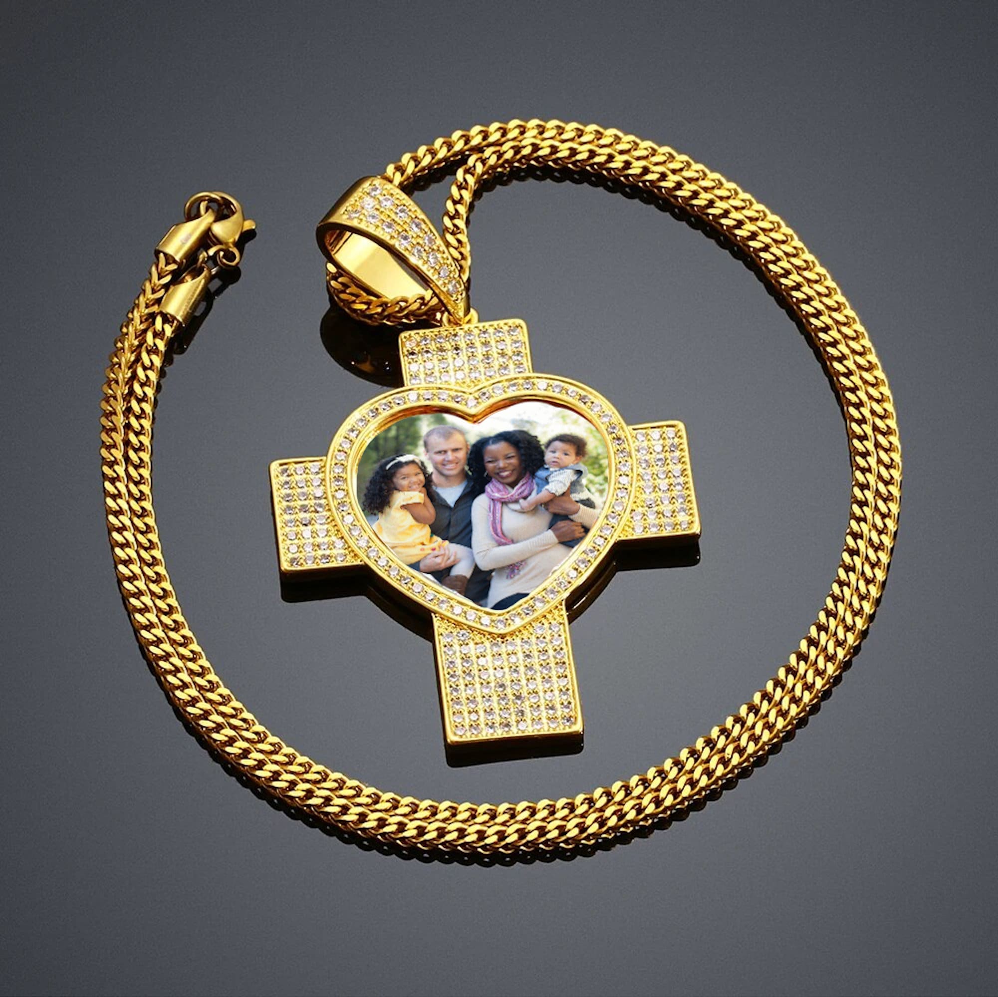 Personalized Custom Made Photo HEART CROSS Necklace & Pendant with choice of Chains, Hip Hop Round Necklace, Iced Out, Jewelry Gift.