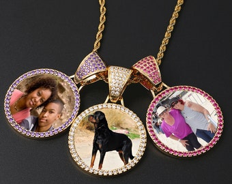 Smaller size Custom Made Photo Circle Necklace & Pendant with colored Cubic Zircon, Hip Hop Iced Out Cubic Zircon, Jewelry Gift