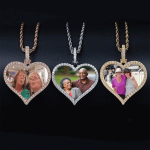 Personalisierte maßgeschneiderte Foto-Herzhalskette & Anhänger mit Auswahl an Ketten, Hip Hop Runde Halskette, Iced Out Cubic Zircon, Schmuck Geschenk