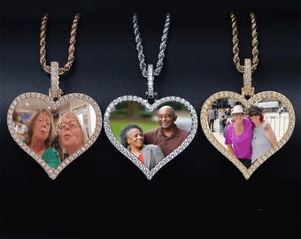 Custom Made Photo Heart Necklace & Pendant with choice of Chains, Hip Hop Round Necklace, Iced Out Cubic Zircon, Jewelry Gift for him/her