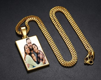 Custom Made Rectangle Photo Pendant with Necklace. Three Chain Types available, Rope Chain, Cuban Chain and Tennis Chain.