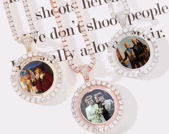 Custom Made Double sided Round Photo Rotating Double-Sided Medallion Pendant Necklace Zircon Men/Women Hip hop Jewelry