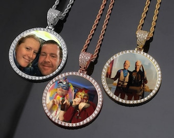 Custom Made Photo Circle Necklace & Pendant LARGE Hip Hop Round Pendant, Iced Out Cubic Zircon, Jewelry Gift for him/her