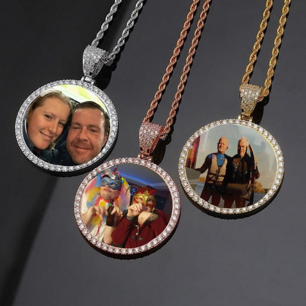 Custom Made Photo Circle Necklace & Pendant LARGE Hip Hop Round Pendant, Iced Out Cubic Zircon, Jewelry Gift for him/her