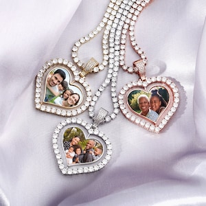 Custom Made Heart Photo Rotating Double-Sided Medallion Pendant Necklace Zircon Men/Women Hip hop Jewelry