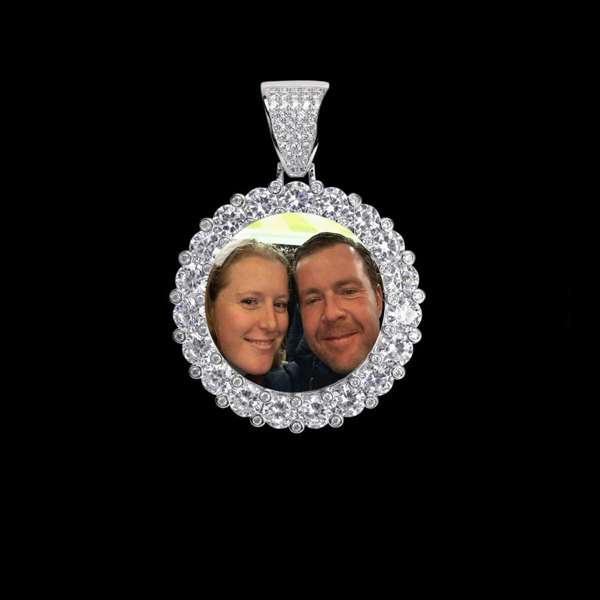 Personalized Custom Made Photo Round Necklace & Pendant with Large Stones and a choice of Rope, Cuban, or Tennis Chain, Hip-Hop