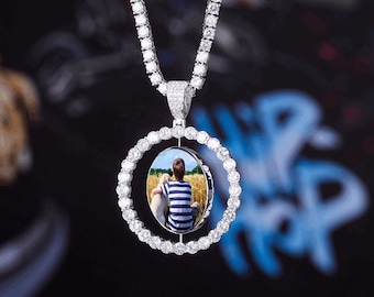 Personalized Custom Made Double sided Round Photo Rotating Double-Sided Medallion Pendant Necklace Zircon Men/Women Hip hop Jewelry