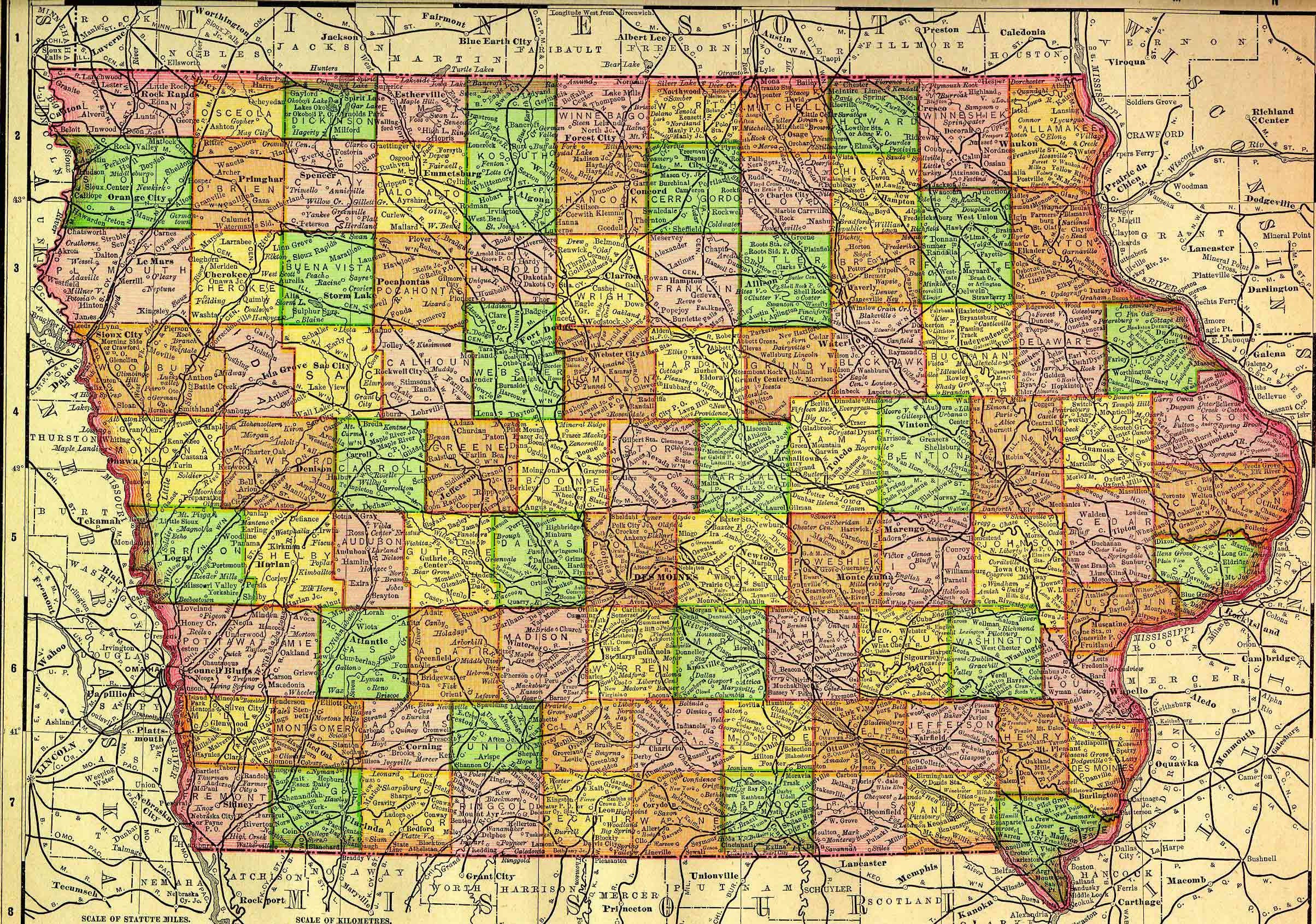 Iowa Vintage State Map Circa 1895 Etsy