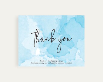 Printable Thank You Cards in Blue Watercolour, Digital Inserts, Watercolor, Instant Download, Thank You For Your Order