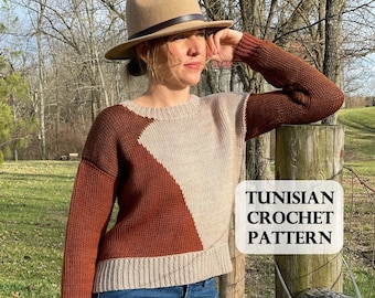 PATTERN, Influencer Sweater, Tunisian Crochet Sweater, Colorblock Sweater, Three panel design, size inclusive crochet,