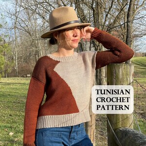 PATTERN, Influencer Sweater, Tunisian Crochet Sweater, Colorblock Sweater, Three panel design, size inclusive crochet,