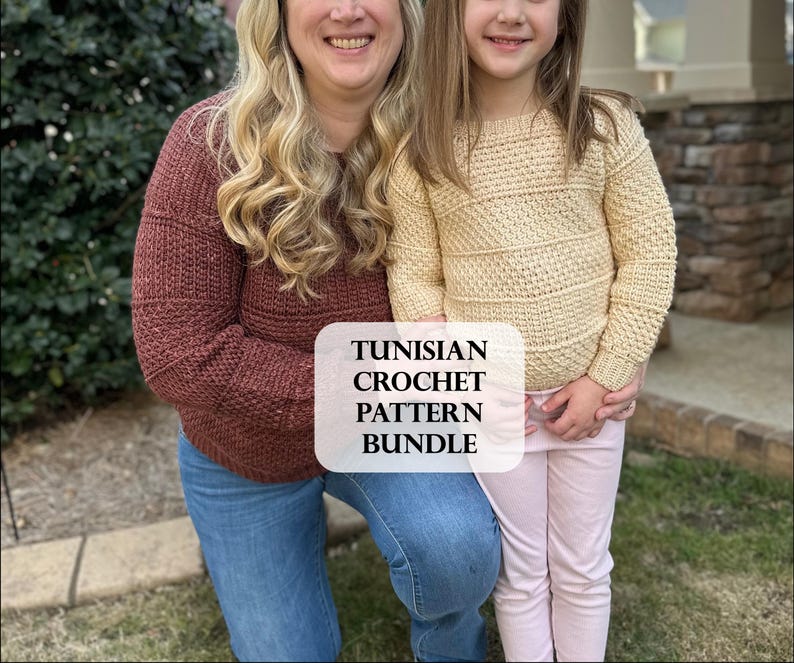 May include: A woman and a child wearing handmade crochet sweaters. The woman's sweater is a deep red-brown, while the child's is a light yellow. The image includes the text "TUNISIAN CROCHET PATTERN BUNDLE".