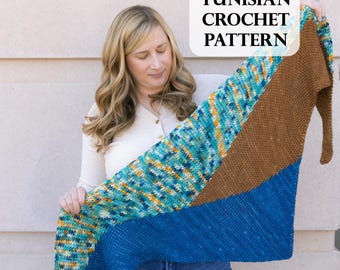 PATTERN, Influencer Shawl (DK), Tunisian Crochet Pattern, Tunisian Crochet Shawl, Intarsia color work, intarsia crochet shawl, dk weight