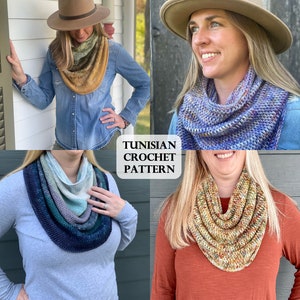 May include: Four different colorful crocheted neck warmers or scarves. The scarves are made with a variety of colors and textures. The text "Tunisian Crochet Pattern" is displayed in the center of the image.