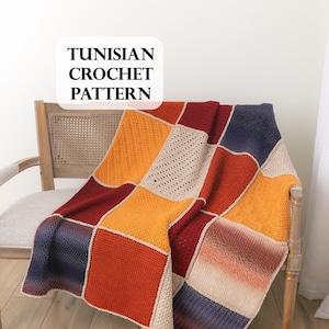 May include: A patchwork crochet blanket in shades of red, orange, beige, and blue, draped over a chair. The blanket has a Tunisian crochet pattern. The text "TUNISIAN CROCHET PATTERN" is in a white box.