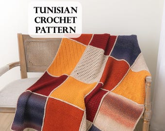 MODELLO, Coperta Bliss Sampler, Modello all'uncinetto tunisino, Afgano, Filato pettinato, Principiante avanzato, Intermedio