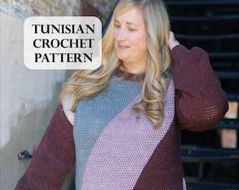 PATTERN, Oblique Sweater, Tunisian Crochet Sweater, Color blocked Crochet Sweater, Size inclusive crochet, Cropped Sweater, Intarsia