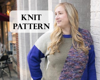 PATTERN, Oblique Sweater, Knit Sweater, Color blocked Knit Sweater, Size inclusive crochet, Cropped Sweater, Intarsia