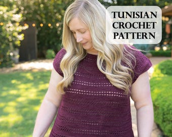 PATTERN, Gossamer Tee, Tunisian crochet top, Lacey Tee pattern, size inclusive, fingering weight