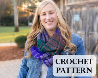 PATTERN, Woolgather Scarf - Crochet, Crochet Pattern, Infinity Scarf, DK yarn, Striped Scarf, Beginner Friendly, Crochet Infinity Scarf