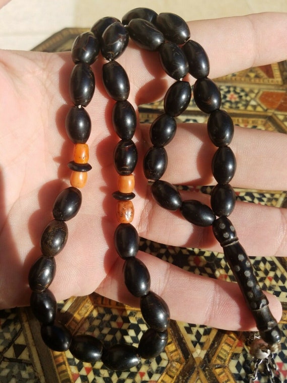 Antique Black Coral Rosary Prayer Beads Hand Inlaid S… Gem