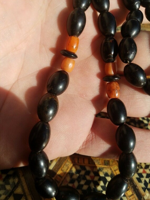 Antique Black Coral Rosary Prayer Beads Hand Inlaid S… Gem