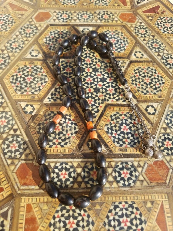 Antique Black Coral Rosary Prayer Beads Hand Inlaid S… Gem