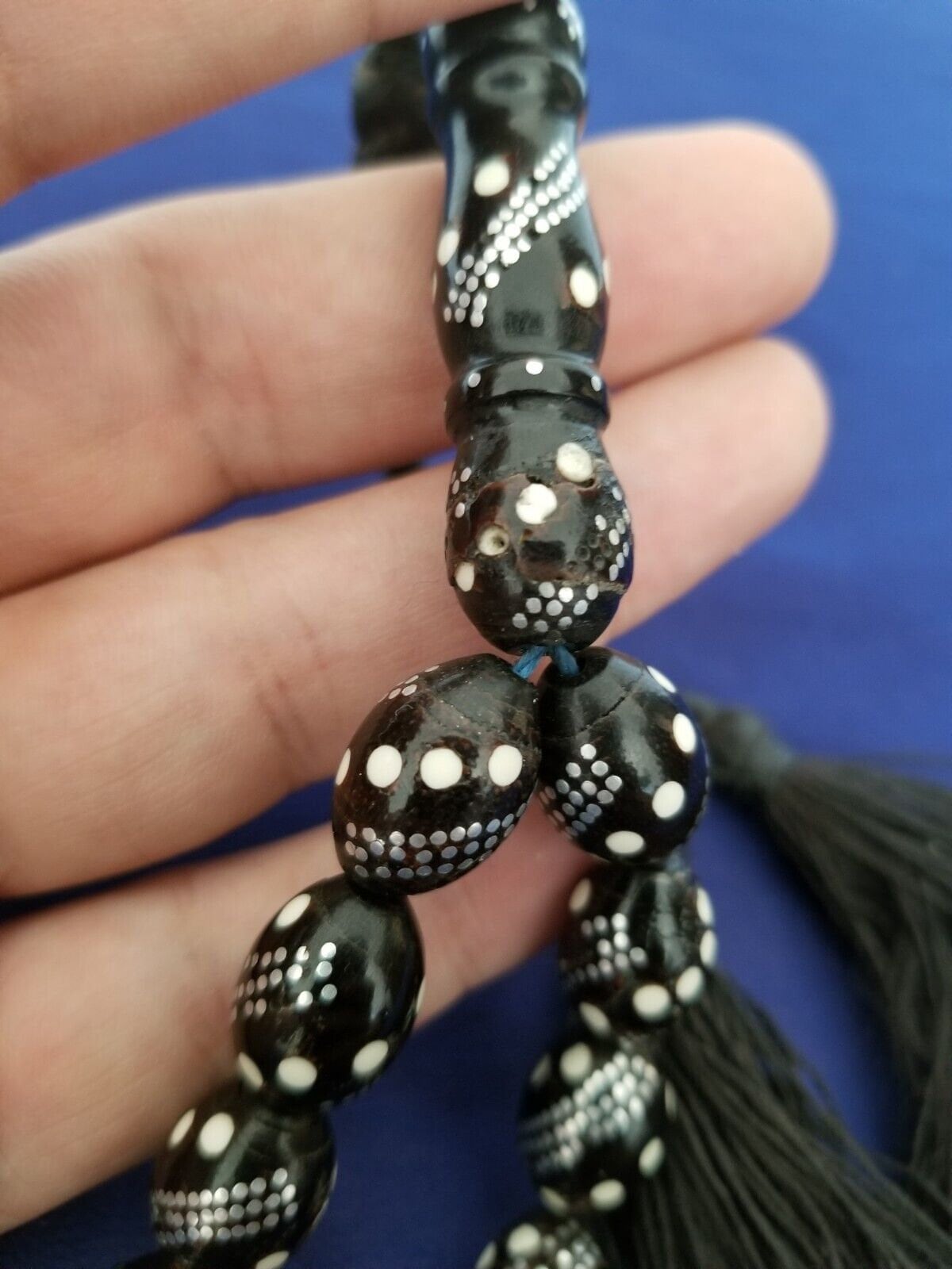 Antique Black Coral Prayer Beads Hand Inlaid Silver and White Ivory