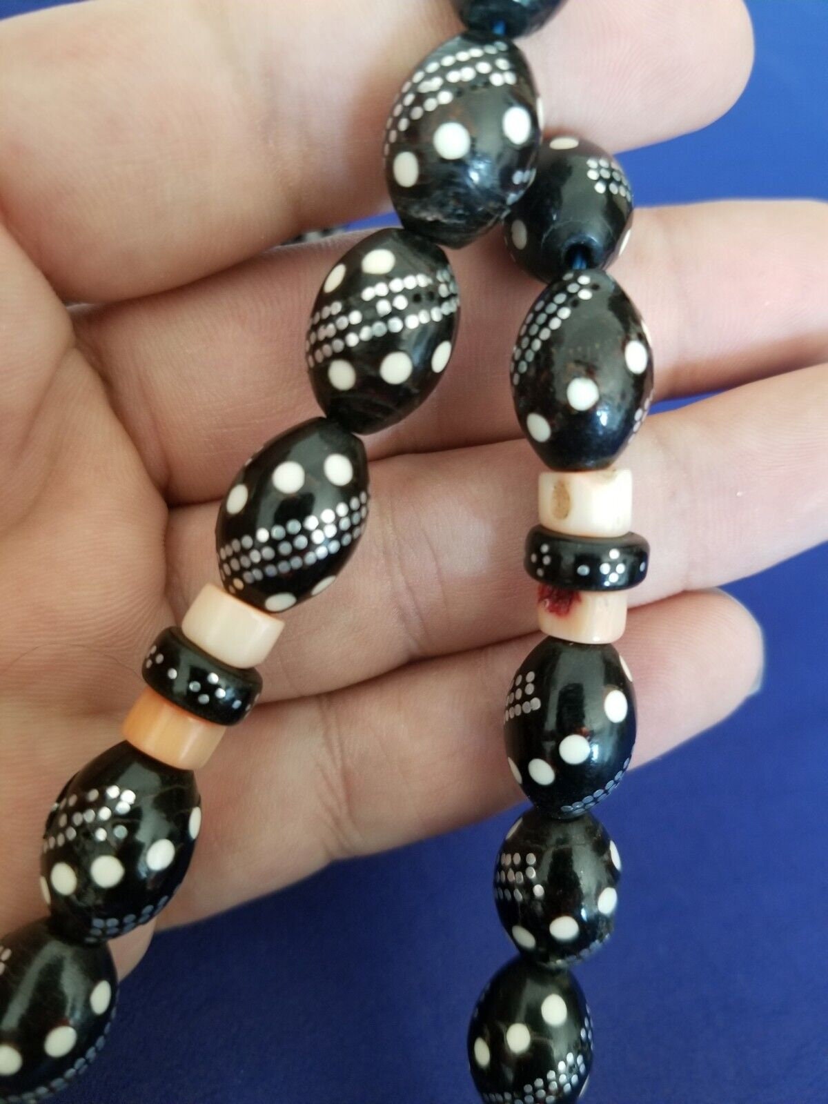 Antique Black Coral Prayer Beads Hand Inlaid Silver and White Ivory