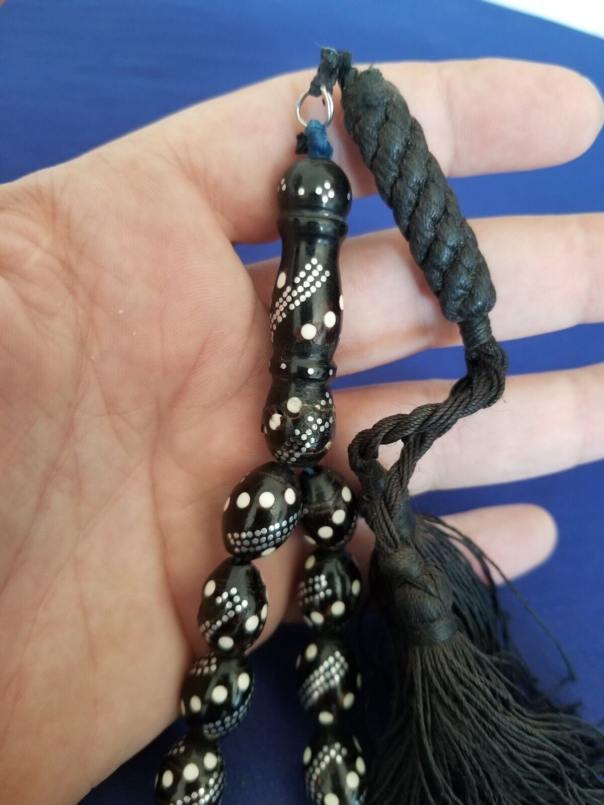 Antique Black Coral Prayer Beads Hand Inlaid Silver and White Ivory