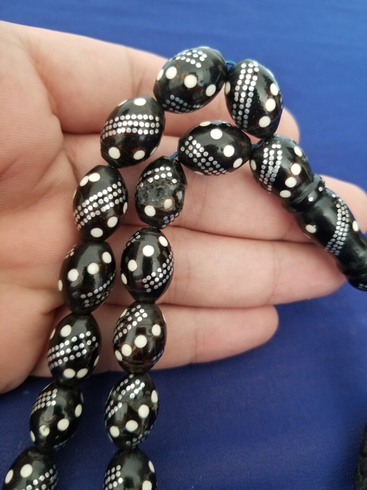 Antique Black Coral Prayer Beads Hand Inlaid Silver and White Ivory