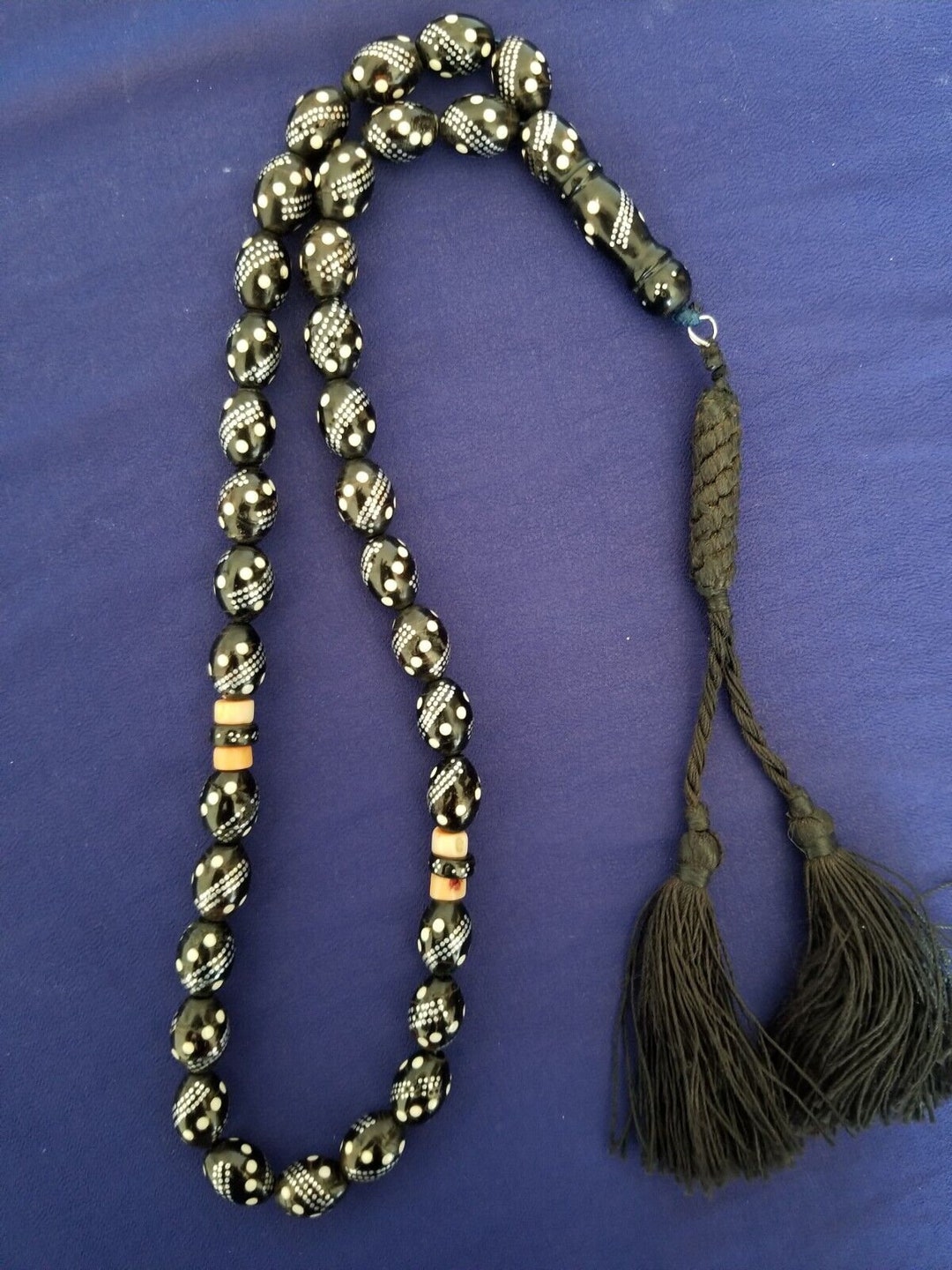Antique Black Coral Prayer Beads Hand Inlaid Silver and White Ivory