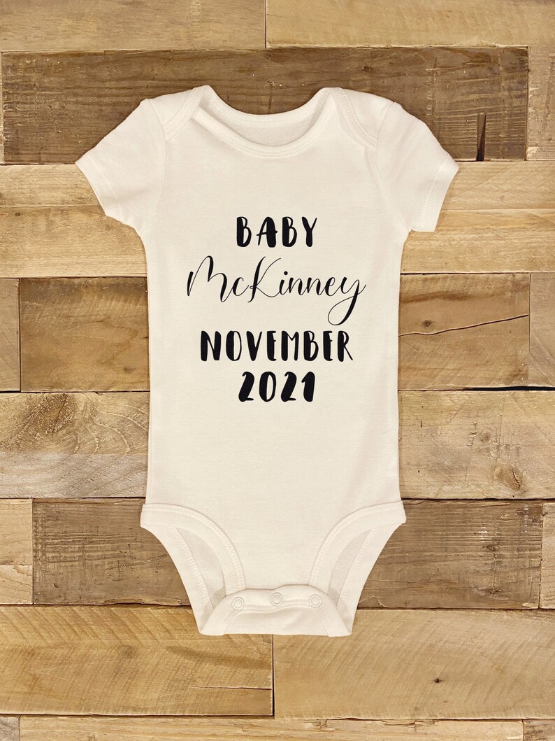 Pregnancy Announcement Last Name With Due Date White Short Sleeve Baby Bodysuit Baby Shower Gift Baby Smith 2021