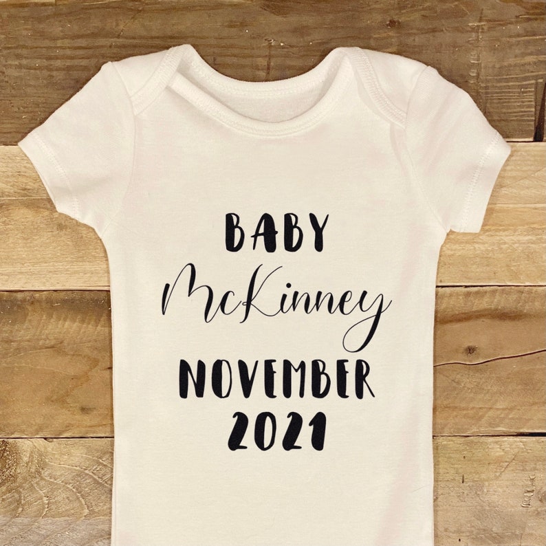 Pregnancy Announcement Last Name With Due Date White Short Sleeve Baby Bodysuit Baby Shower Gift Baby Smith 2021