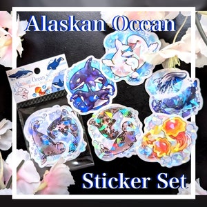 Alaskan sea-life Sticker set, Cute Alaskan whales, five sticker pack, Jellyfish, Beluga, Humpback, Orca, Seal, water proof vinyl stickers