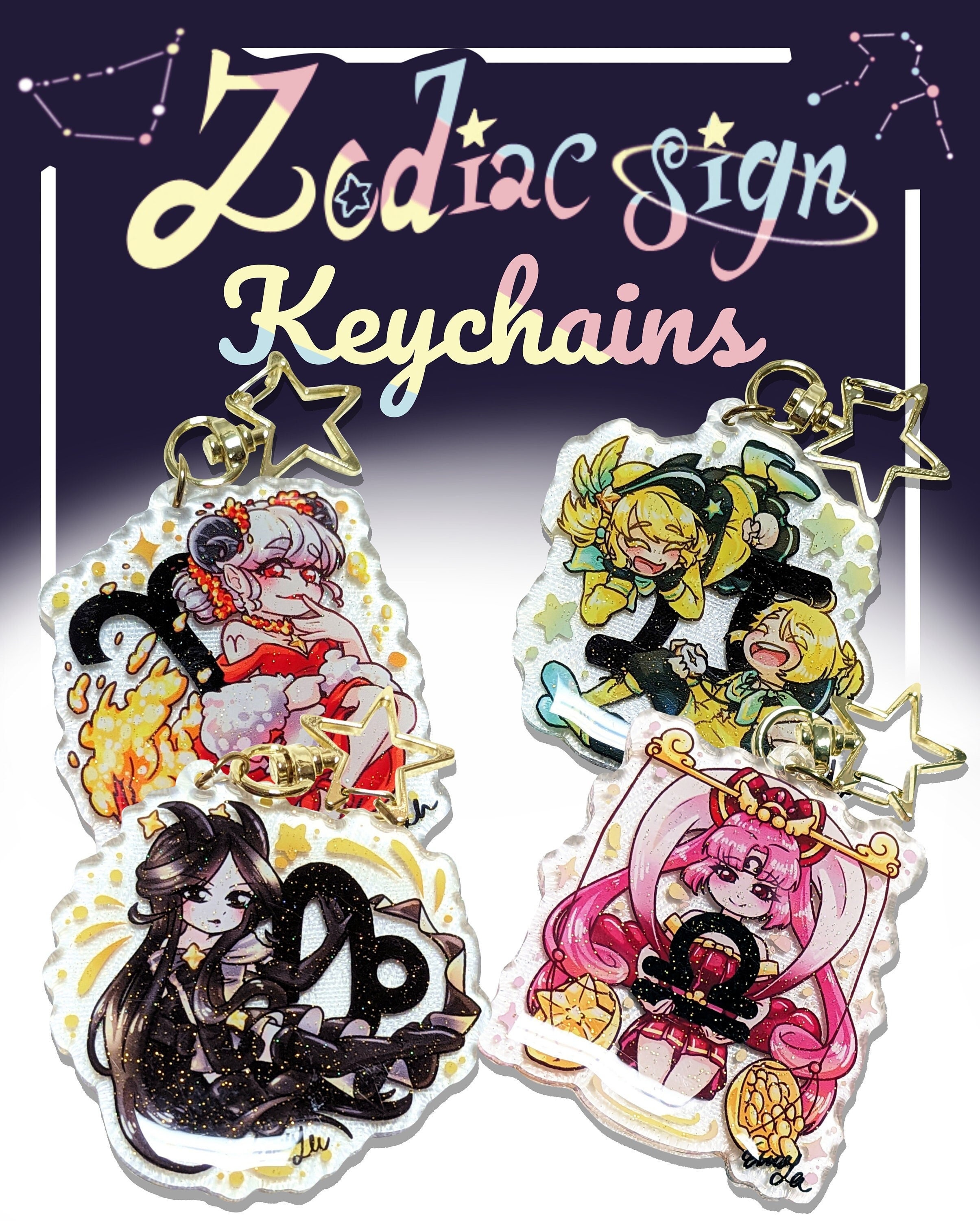 Zodiac Sign Keychain: Double-sided Glitter Acrylic Anime Charm