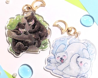 Holographic Polar Bear, Glittery Black bear Keychain: Double-Sided Acrylic Charm