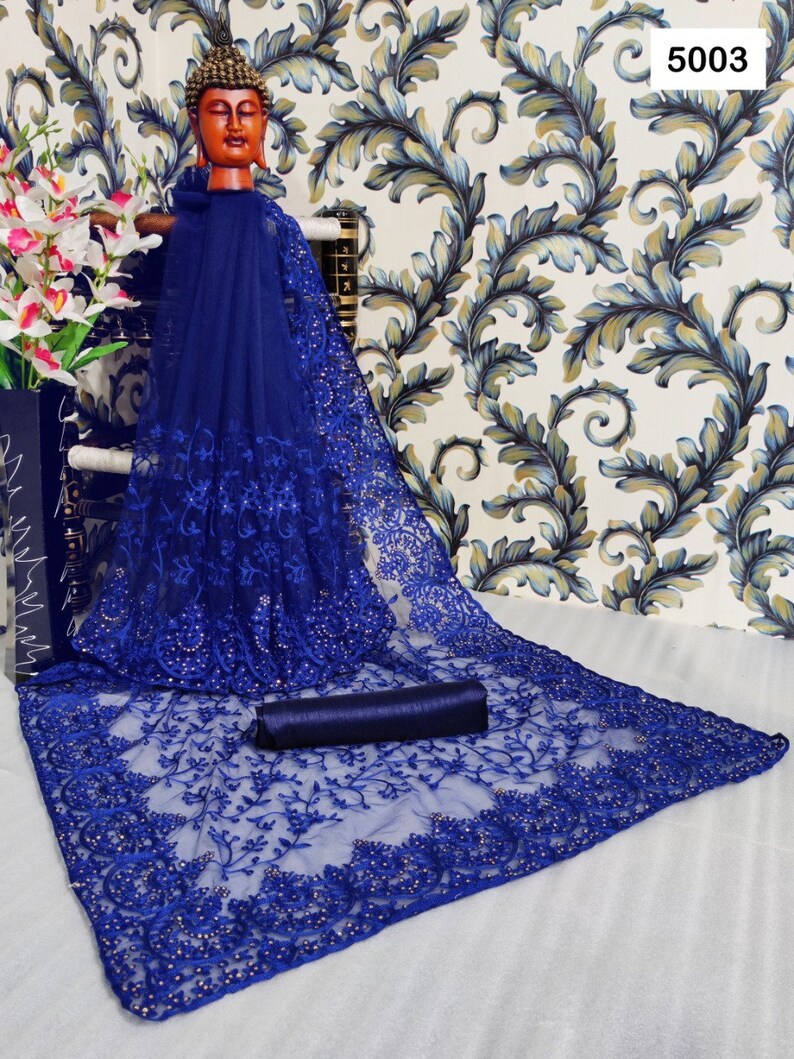 Heavy Women soft net saree with hain stitch Work With Beautiful Diamond Work and Pandadi Work