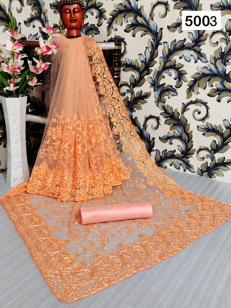 Heavy Women soft net saree with hain stitch Work With Beautiful Diamond Work and Pandadi Work