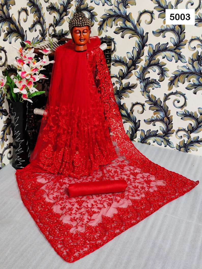 Heavy Women soft net saree with hain stitch Work With Beautiful Diamond Work and Pandadi Work
