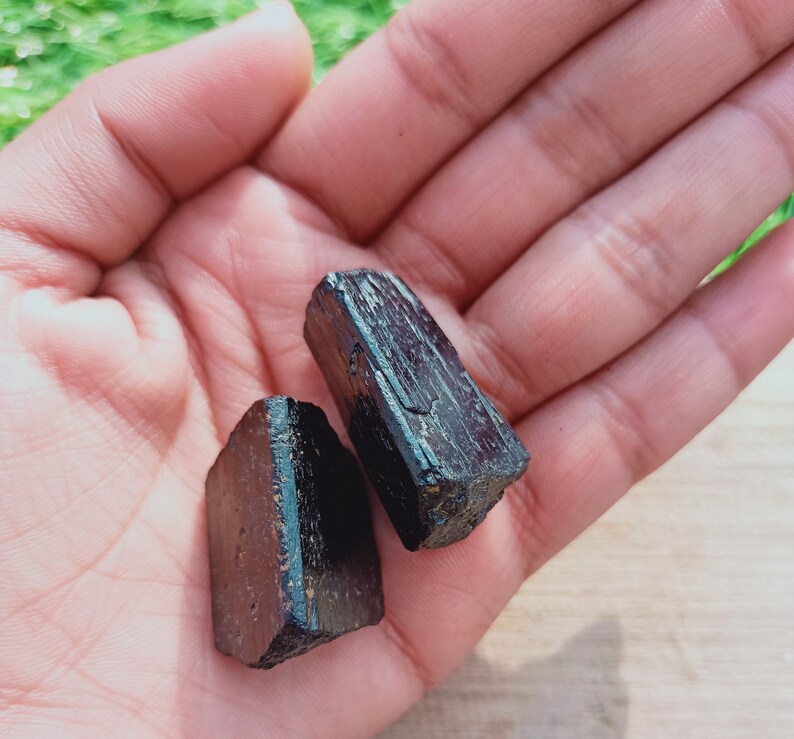 May include: Two black tourmaline crystals, one is a rectangular shape and the other is a long, thin shape. The crystals are in a person's hand.