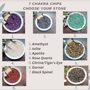 Può includere: Sette piccole ciotole, ciascuna contenente un diverso tipo di schegge di pietre preziose. Le ciotole sono disposte in una griglia con i numeri da 1 a 7 sotto ogni ciotola. Il testo "7 CHAKRA CHIPS CHOOSE YOUR STONE" è in cima all'immagine. I nomi delle pietre preziose sono elencati sotto le ciotole: Ametista, Iolite, Apatite, Quarzo rosa, Citrino/Occhio di tigre, Granato e Spinello nero.