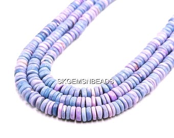 May include: Close-up of three strands of light blue and lavender gemstone beads. The beads are flat, round, and uniform in size. The text "SKGEMSNBEADS" is visible on the image.