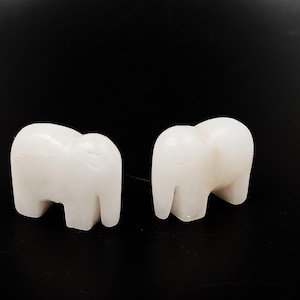 May include: Two white carved elephant figurines. The elephants are facing the same direction and are made of a smooth, white material.