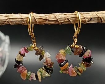 Multi Tourmaline Chips Earring, Hoop Earring, Natural Uncut Chips, Mix Gemstone Beads, Mini Nuggets, Healing Beads, Women Jewelry, Gift Idea