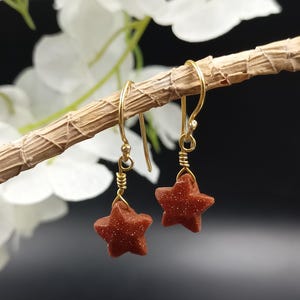 Puede incluir: Un par de pendientes de estrella dorada con acabado de piedra arenisca rojo-marrón. Los pendientes están colgados de una rama.