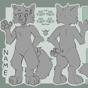May include: A grey cartoon wolf character base, showing front and back views, paw pads, and a tongue. Includes text for "Name", "Items, species, etc!", and "Base: @spookstheskelicat".